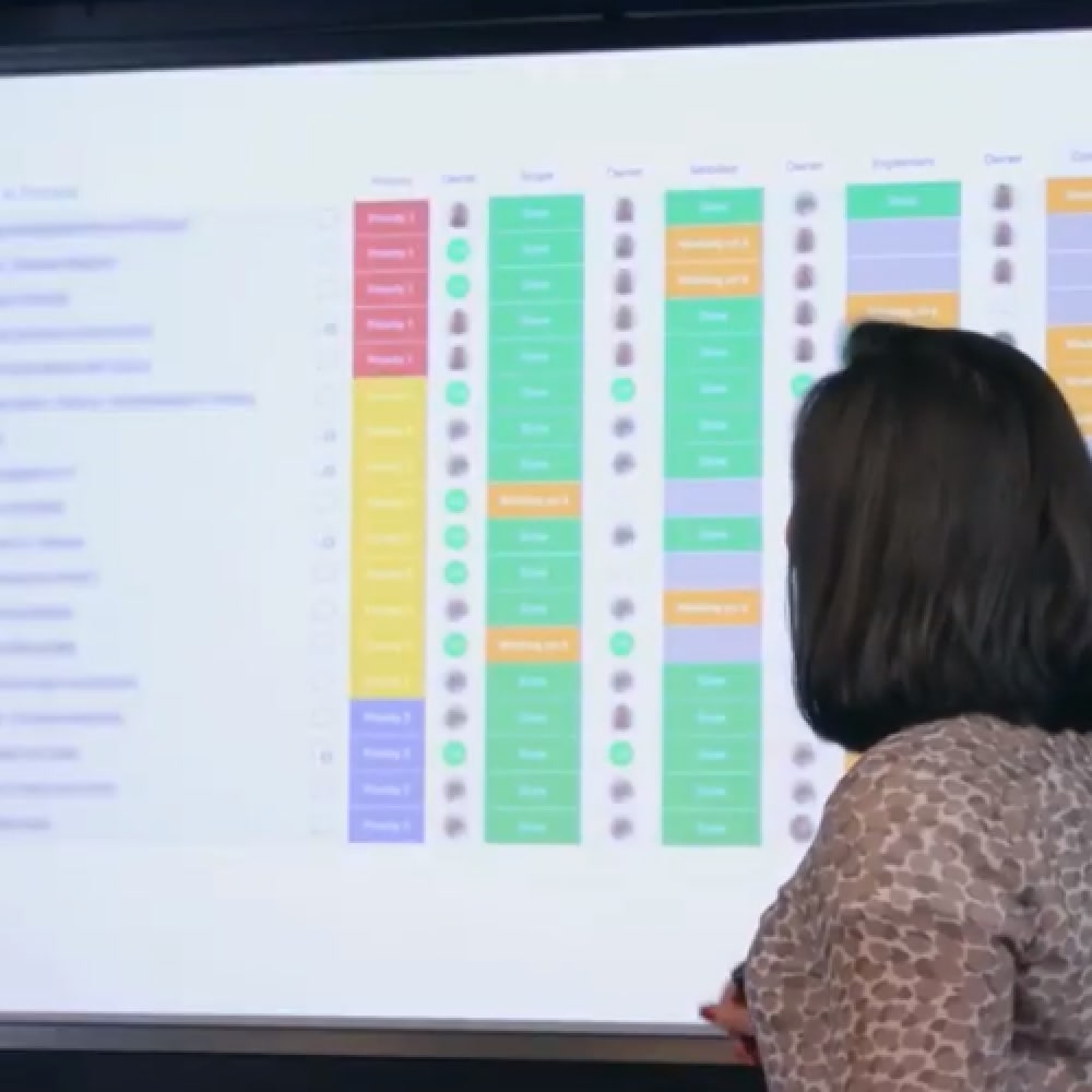 Woman looking at a monday board on a projector screen