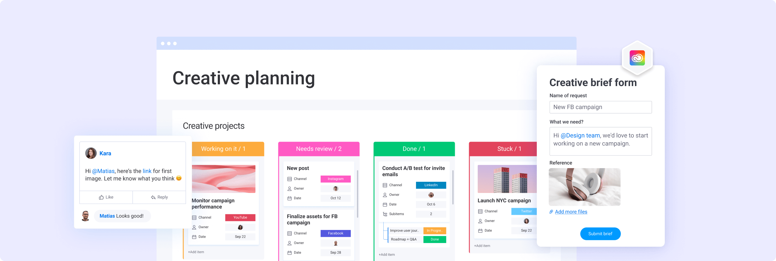 Creative projects kanban, creative brief form request form and a user update with teammate's reply