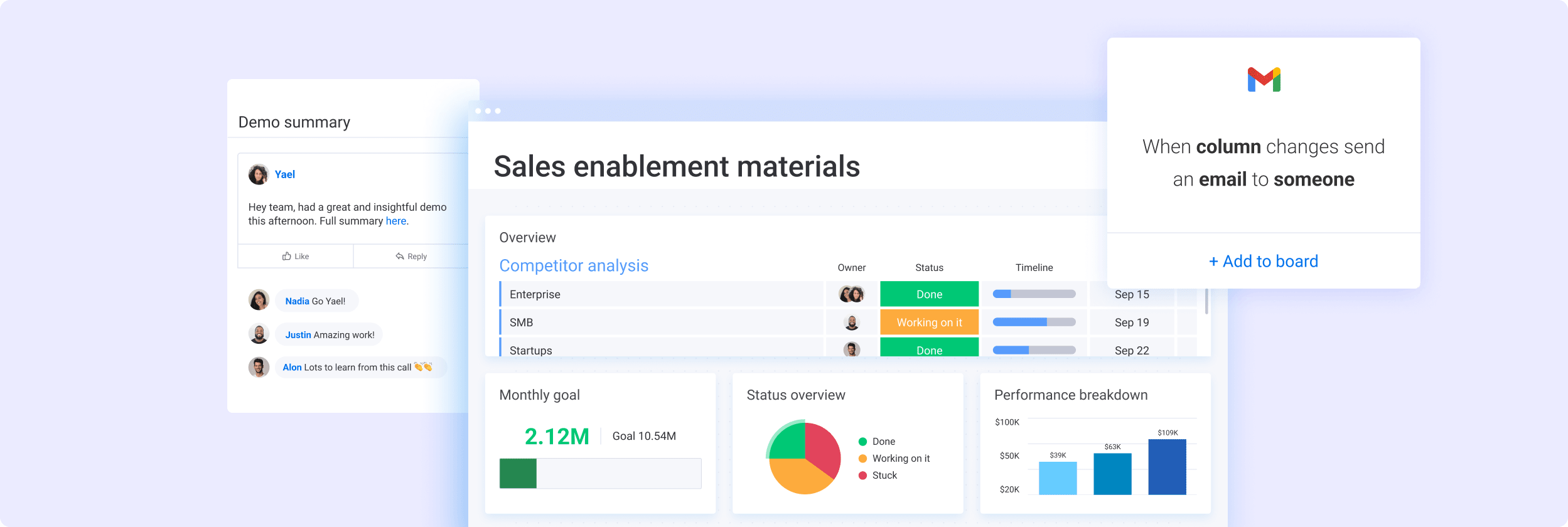 Sales enablement materials dashboard, a user update with teammates' replies and a slack automation